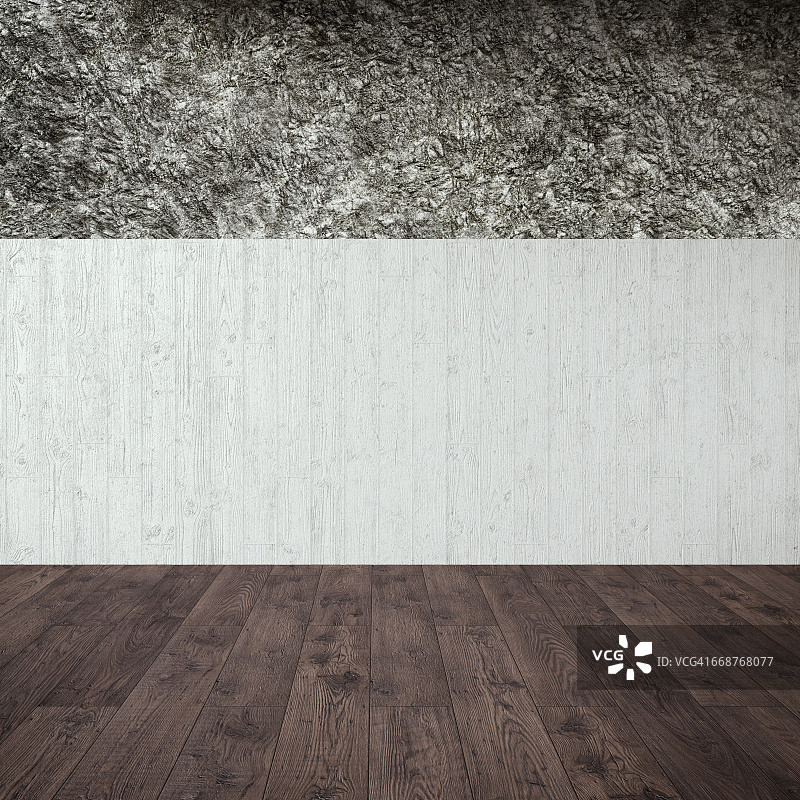带混凝土、石墙和木地板的空房间，3D渲染图片素材