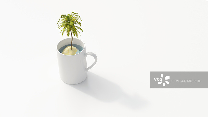 咖啡杯中的棕榈树岛屿3D渲染图片素材