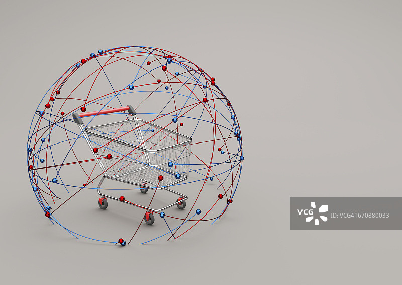 网上购物：网络球体中的购物车3D图图片素材