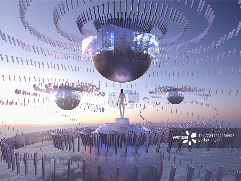 天空中球体上的未来感太平洋岛民女性观看全息影像图片素材
