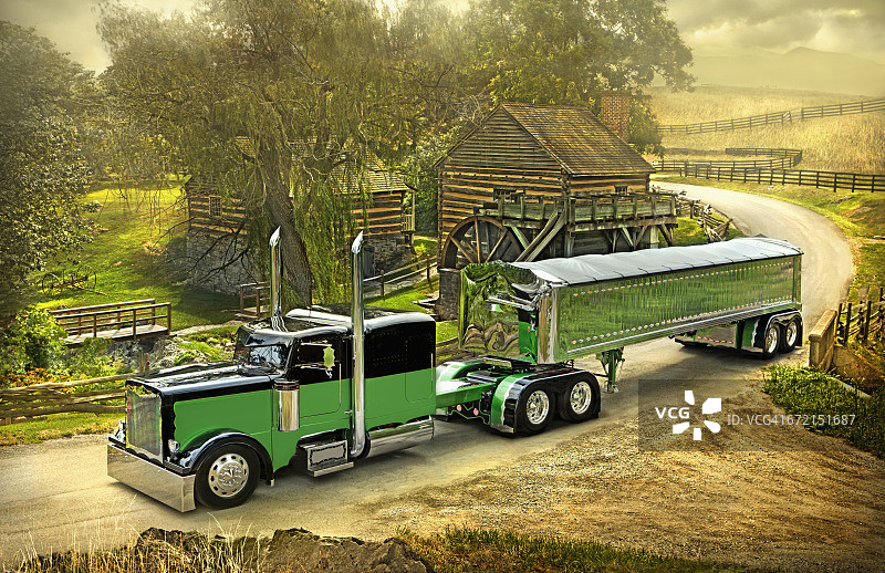 行驶在乡村公路上的半挂卡车图片素材