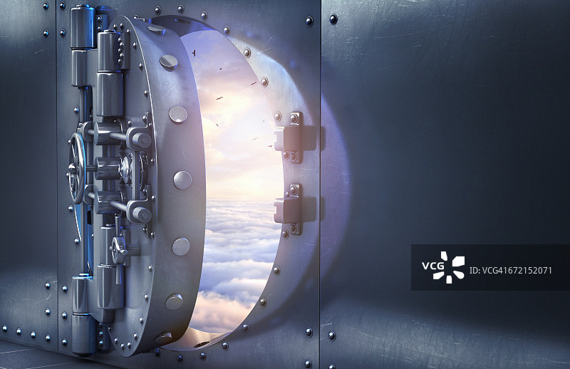 打开的金库门，露出天空中的云彩图片素材