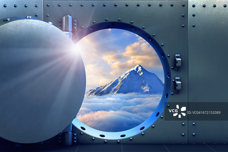 金库大门开启，显露出云层之上的山顶图片素材