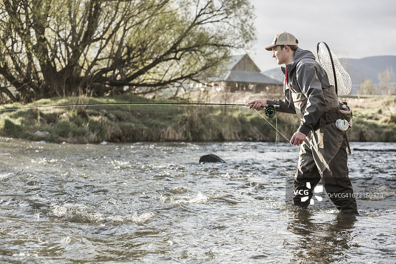 白人男子在河里飞蝇钓图片素材