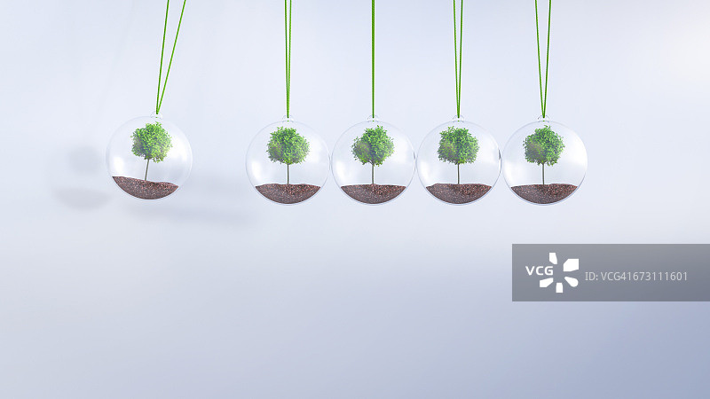 带有树木的牛顿摆3D渲染图片素材