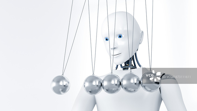 机器人观看牛顿摆2.5D渲染图片素材