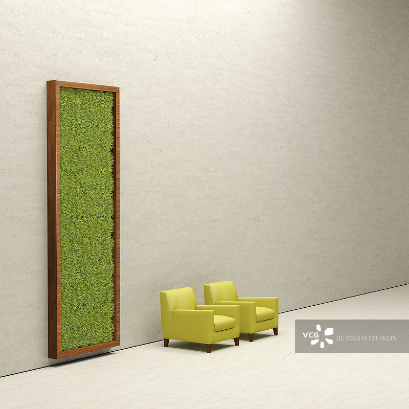 两把扶手椅和植物墙3D渲染图片素材