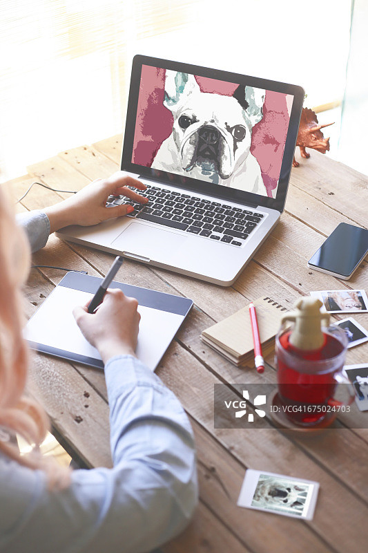 插画师用数位板画法国斗牛犬图片素材