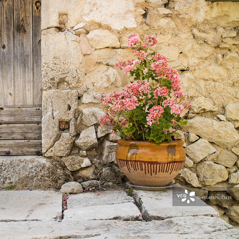 法国普罗旺斯巴农的门阶上的花盆图片素材