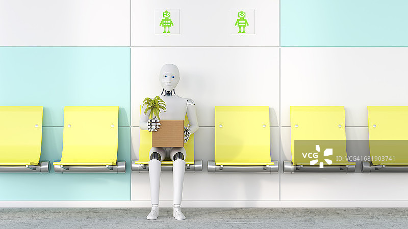 机器人坐在座位上，拿着纸板箱和盆栽，3D渲染图片素材