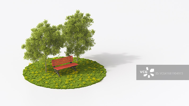 草地上橡树下的红色长椅图片素材