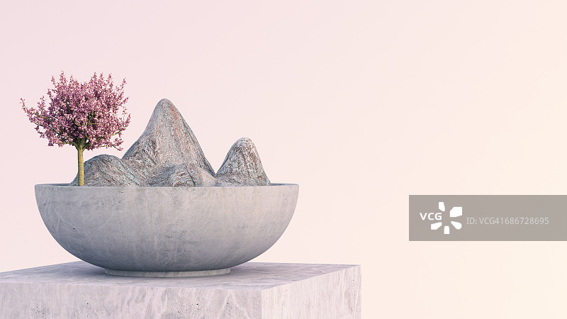 禅意碗中树木山脉大理石底座图片素材