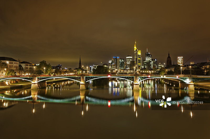 德国黑森州法兰克福金融区天际线与伊格纳茨·布比斯桥图片素材