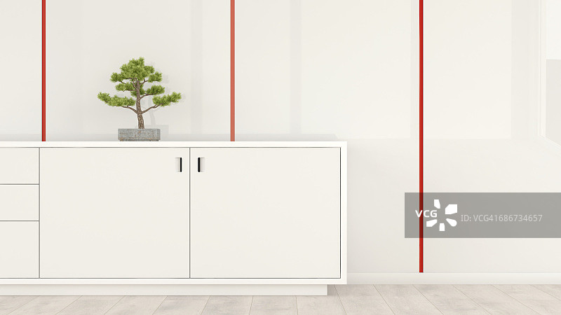 房间里有盆景的餐具柜，3D渲染图片素材