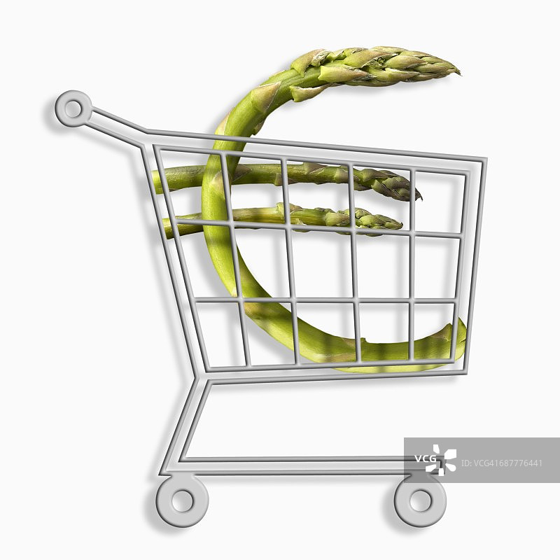 带有绿色芦笋“？”标志的迷你超市购物车图片素材
