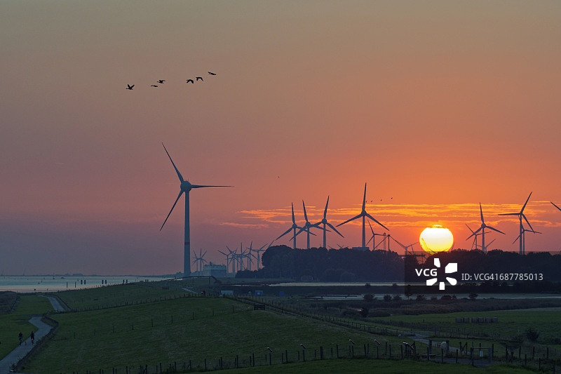德国下萨克森州埃姆登的日落风力涡轮机图片素材