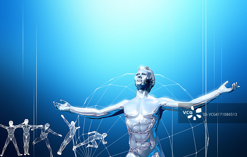 蓝色背景下的人体（数字生成）图片素材