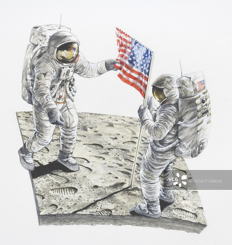两名宇航员在月球上，美国国旗飘扬图片素材