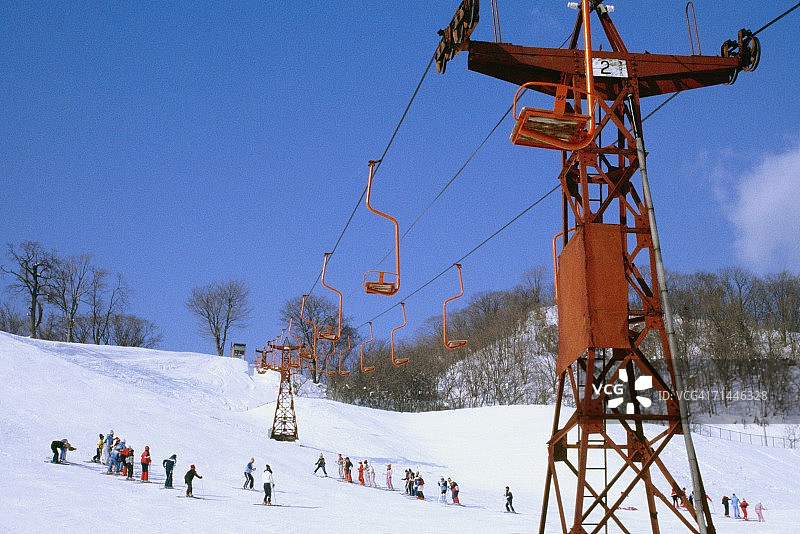 低角度视角下的滑雪缆车，位于日本札幌的圆山公园图片素材