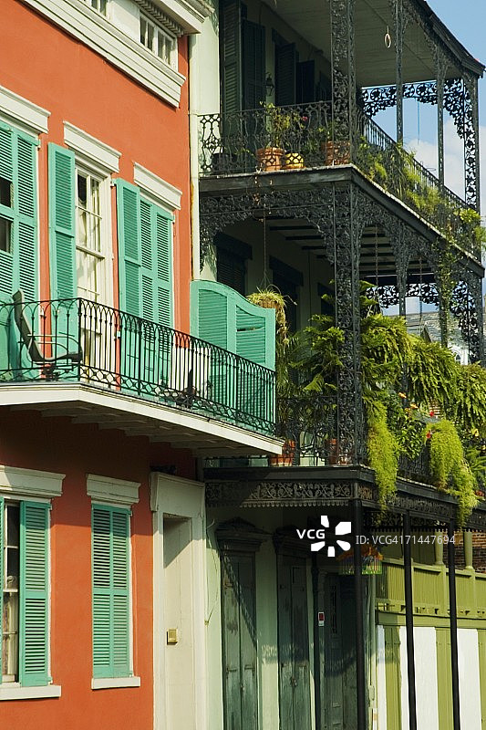 美国路易斯安那州新奥尔良，建筑阳台上的植物仰视角度照片图片素材