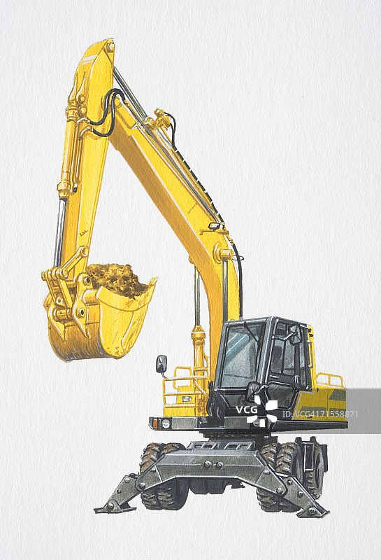 黄色挖掘机用长臂挖土图片素材