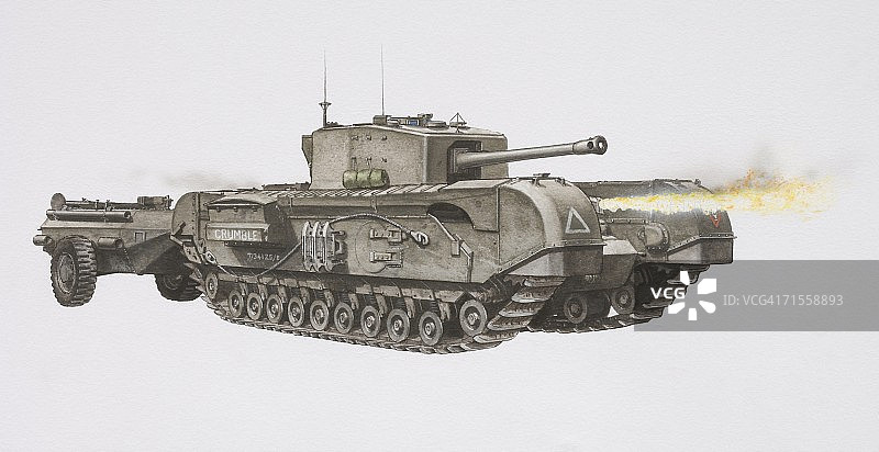 丘吉尔坦克，前方装有火焰喷射器，后方装有装甲拖车图片素材