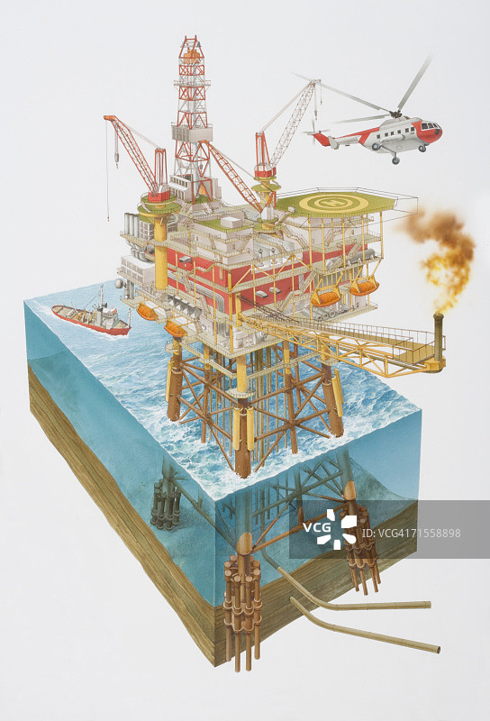 海上石油钻井平台、消防艇与直升机，水下剖面展现钻井平台地基图片素材
