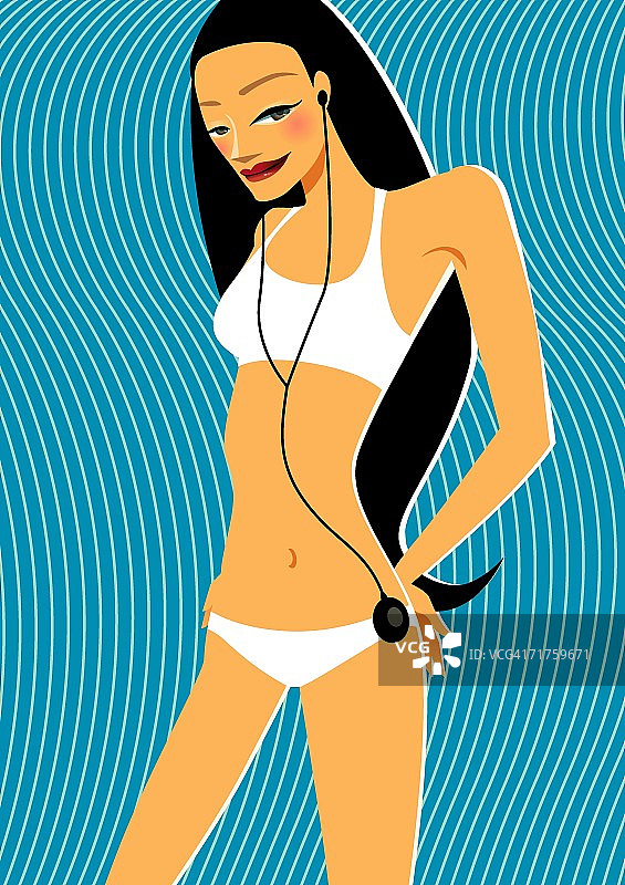 穿着比基尼听MP3播放器的女人图片素材
