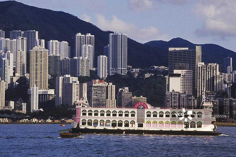 中国香港：海上的渡轮与摩天大楼图片素材
