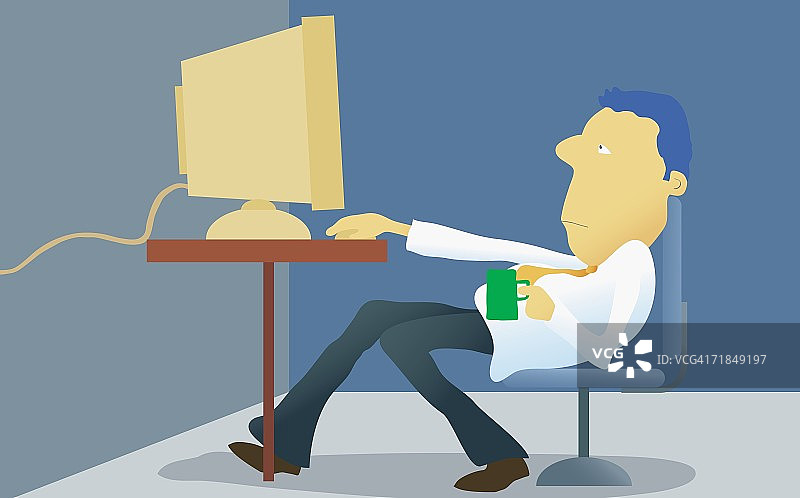 商人拿着杯子使用电脑的侧面轮廓图片素材