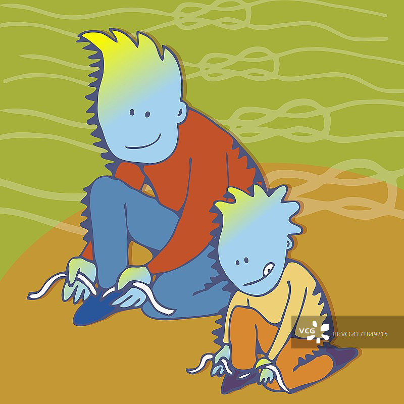 男孩和他的父亲系鞋带的高角度视图图片素材