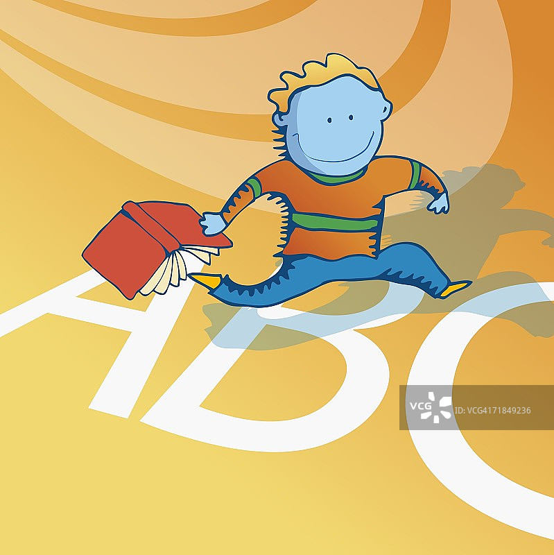 男孩手拿书本在字母上奔跑图片素材