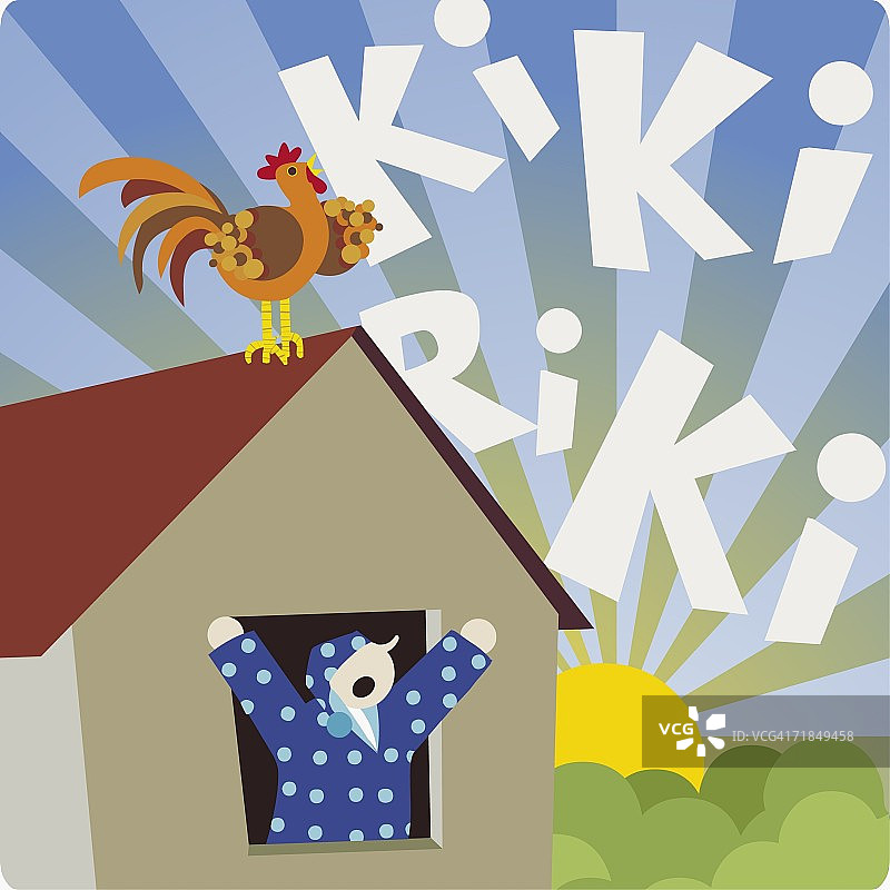 在窗户边打哈欠，屋顶上公鸡啼叫的年轻人图片素材