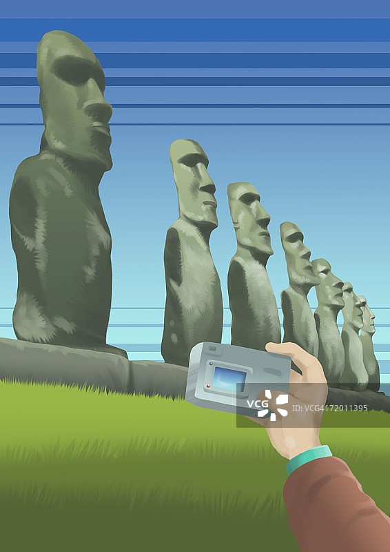 拍摄古代雕像、复活节岛摩艾石像的人特写图片素材