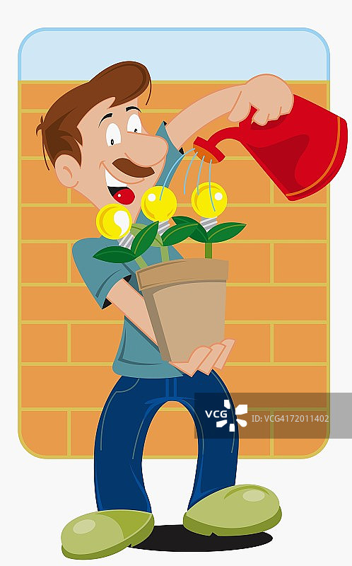 用洒水壶给盆栽植物中的灯泡浇水的年轻男子特写图片素材