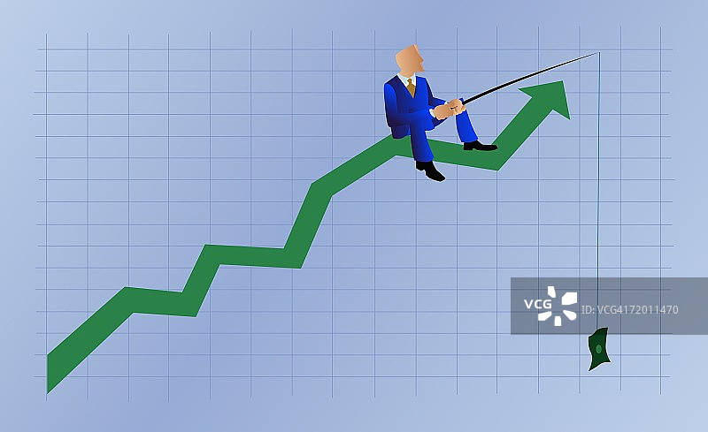 坐在折线图上拿着钓鱼竿的商人图片素材