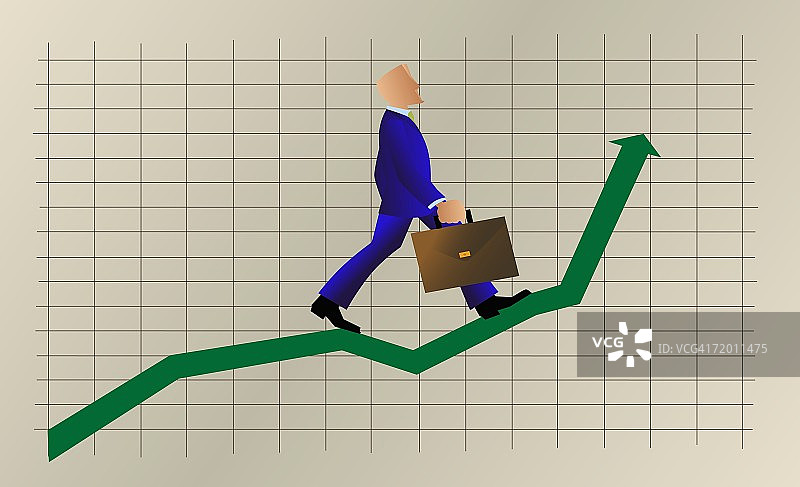 拿着公文包走上折线图的男商人侧面轮廓图片素材