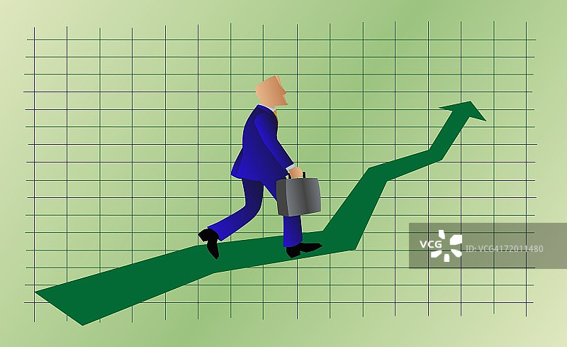 拿着公文包走在折线图上的商人侧面照图片素材