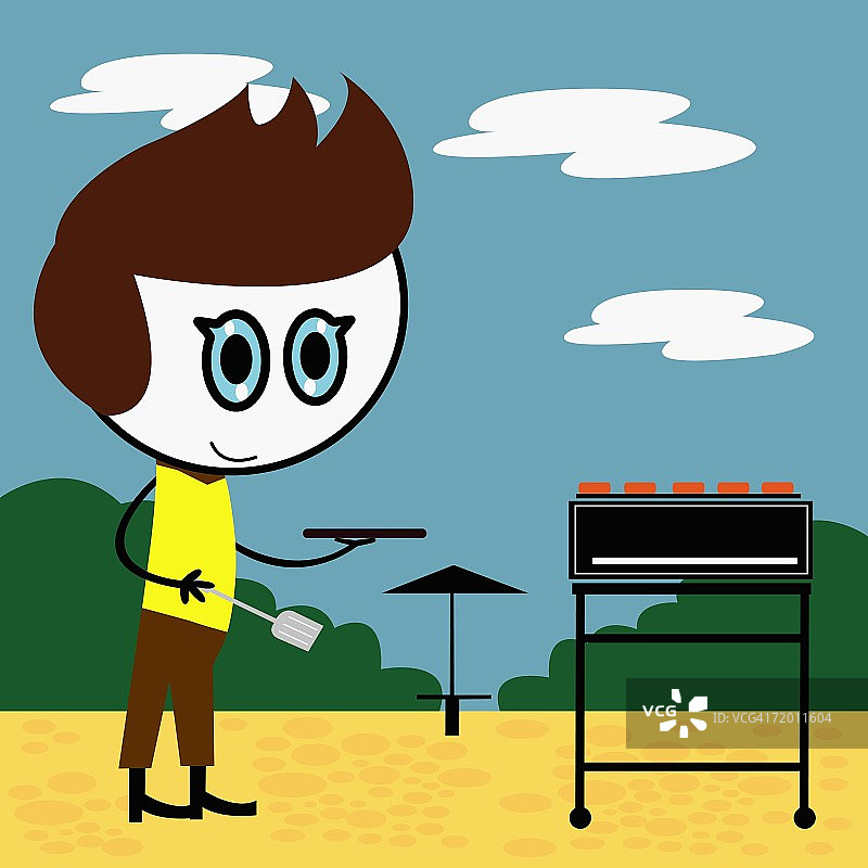 一个男孩拿着铲子站在烧烤架附近的特写图片素材