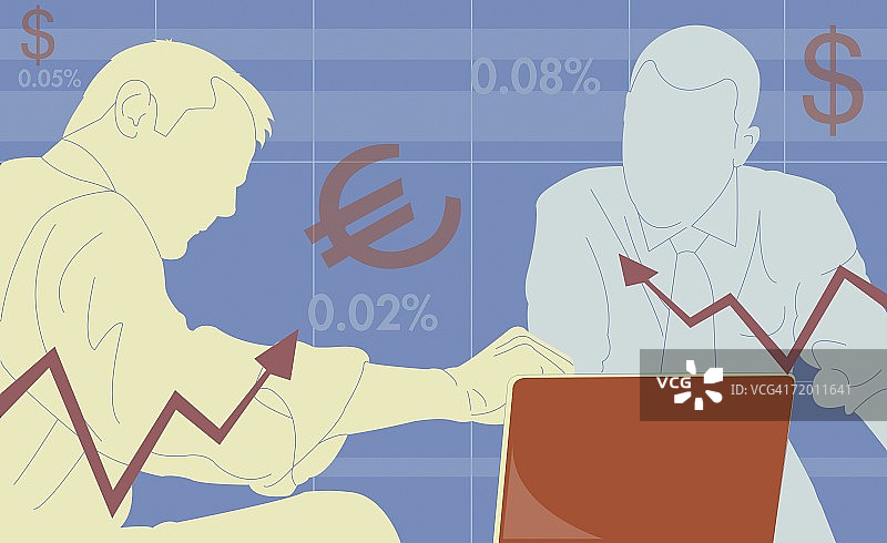 两位商人使用笔记本电脑进行讨论图片素材