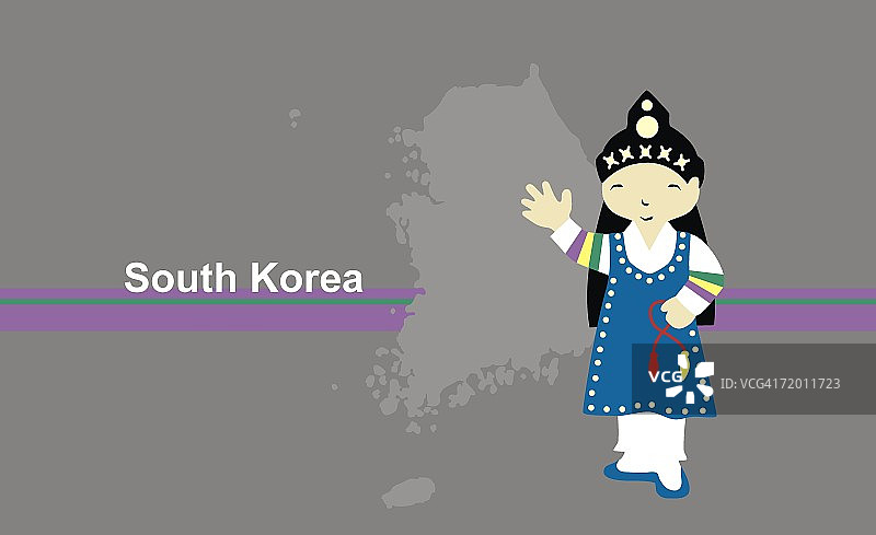 穿着传统服装站在韩国地图前的男孩图片素材
