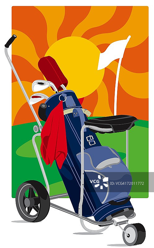 带有高尔夫球杆的高尔夫球车特写图片素材