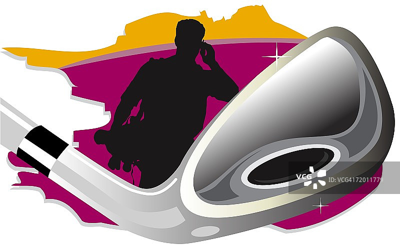 高尔夫球杆与背景中人物轮廓的特写图片素材