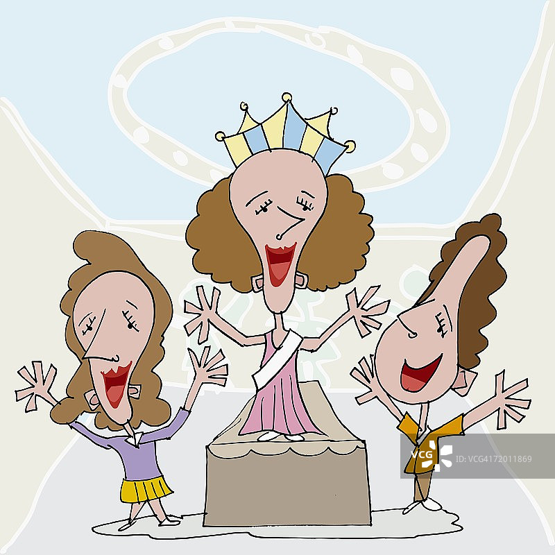 女子站在领奖台上，一男一女站在她旁边特写图片素材