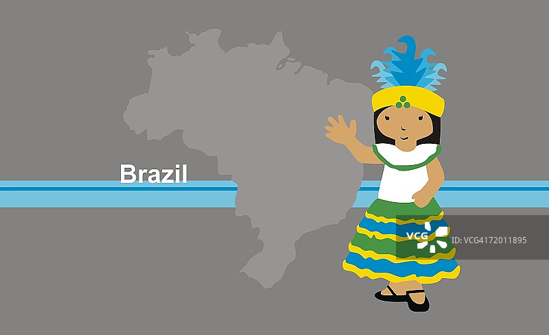 身穿传统服装站在巴西地图前的女孩图片素材