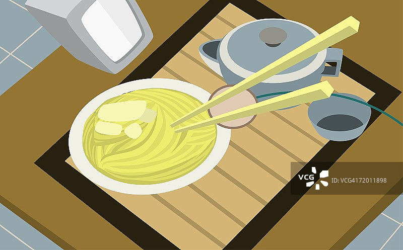 盘子里有两根筷子的面条高角度视图图片素材