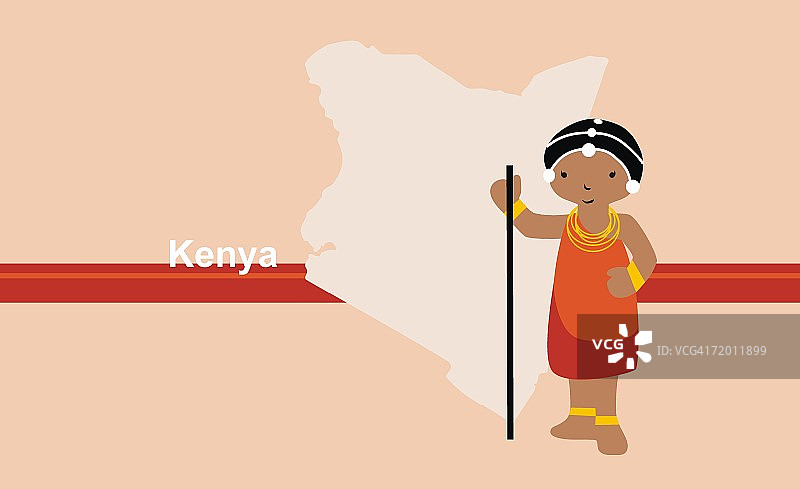 在肯尼亚地图前的穿着传统服装的女孩图片素材