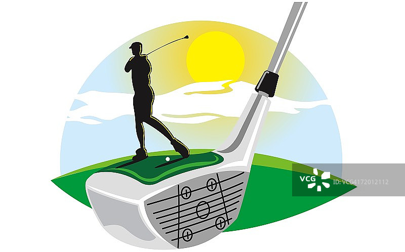 一个人的剪影摆动高尔夫球杆和站在高尔夫球杆上图片素材