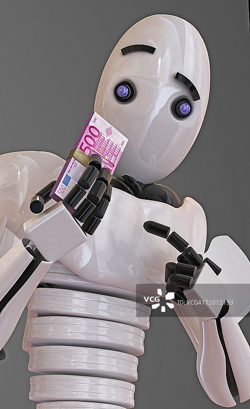 机器人拿着一捆五百欧元钞票的特写图片素材