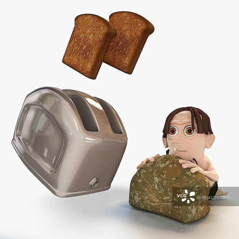 男子害怕面包从烤面包机里弹出，躲在面包后面的特写图片素材